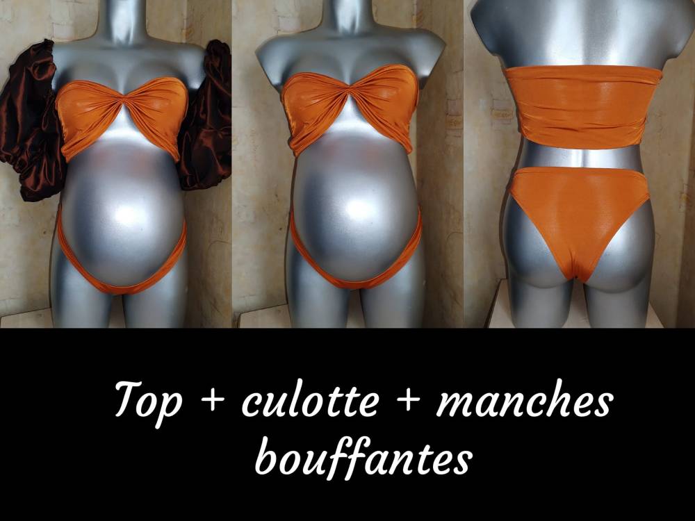 Olly : Ensemble top, culotte et manches bouffantes en taffetas orange.  Taille unique